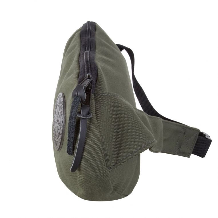 Green waist bag with a strap on a white background