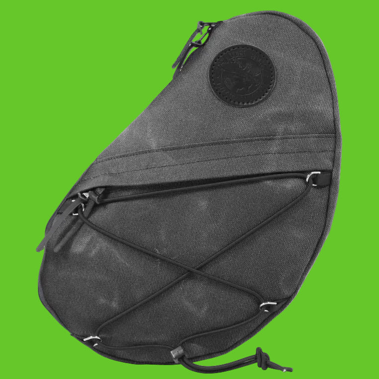 Gray sling bag with a brand logo on a white background