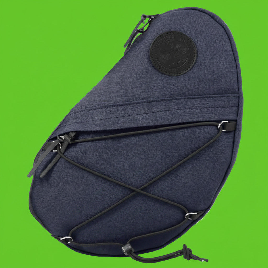 Navy blue sling bag with black drawstring on a white background
