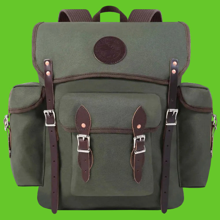Green backpack with brown straps and leather accents on a white background
