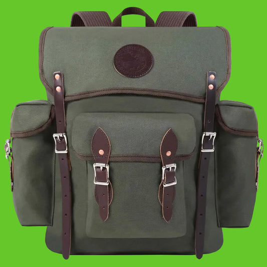 Green backpack with brown straps and leather accents on a white background