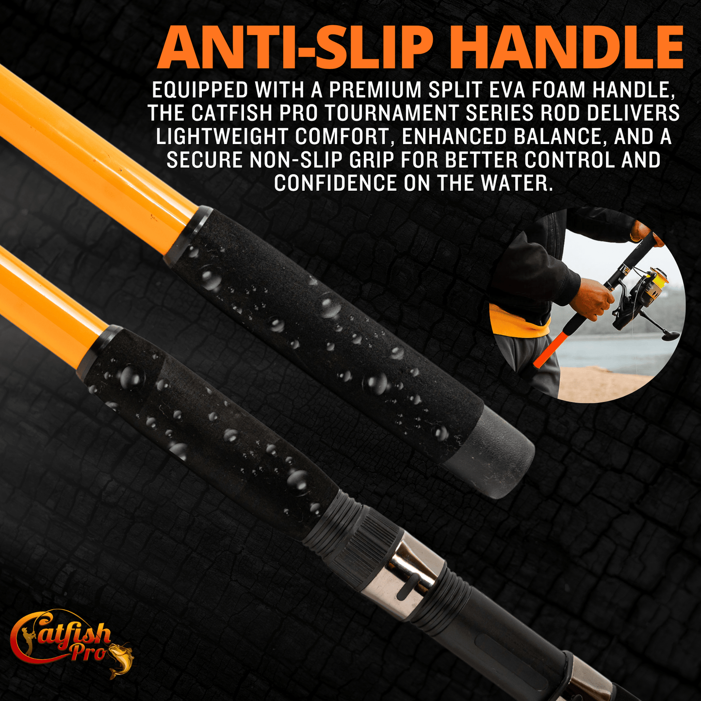 Catfish Pro fishing rod with anti-slip handle on a dark background