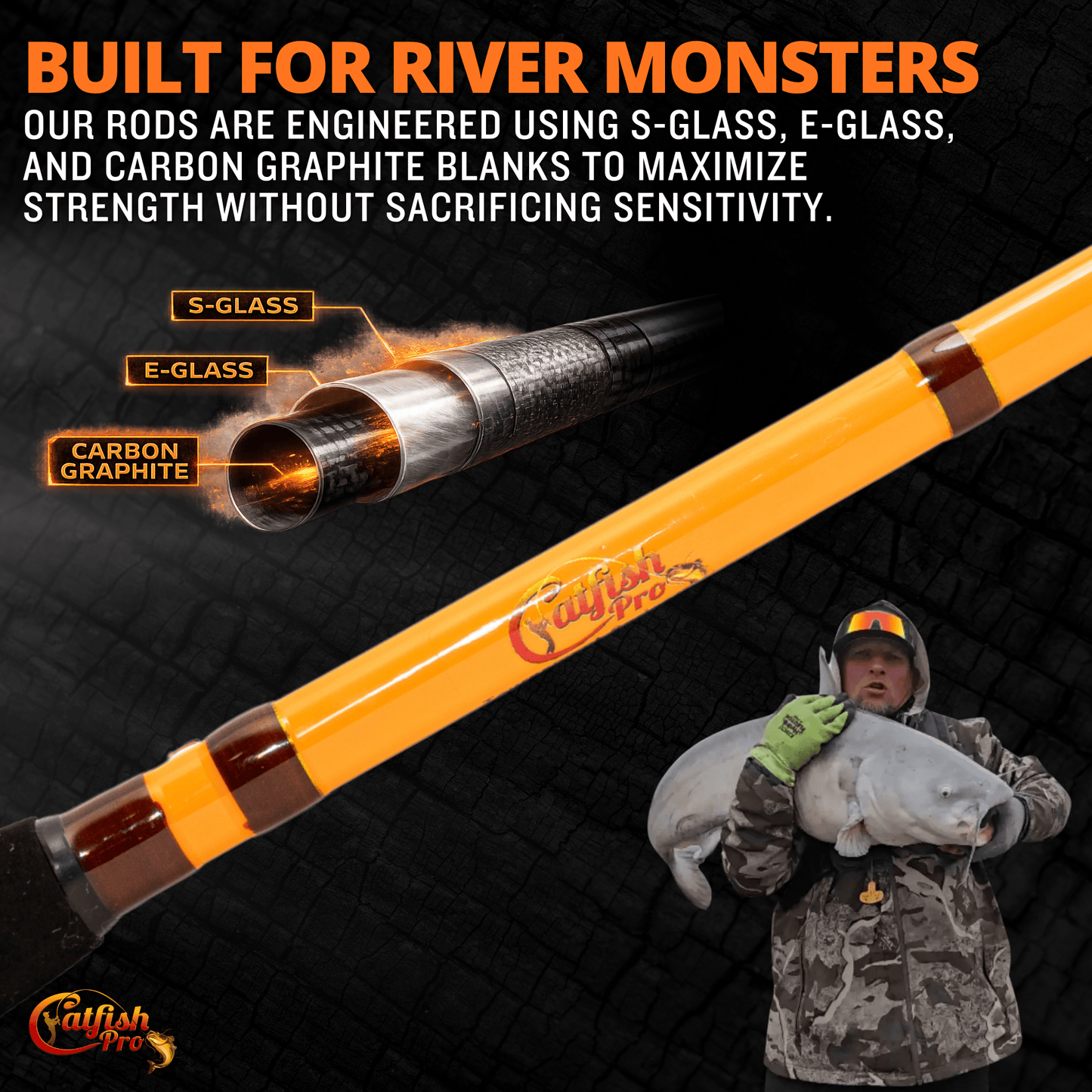 Fishing rod with 'Valfish Pro' branding, held by a person, on a dark background with text about rod construction.