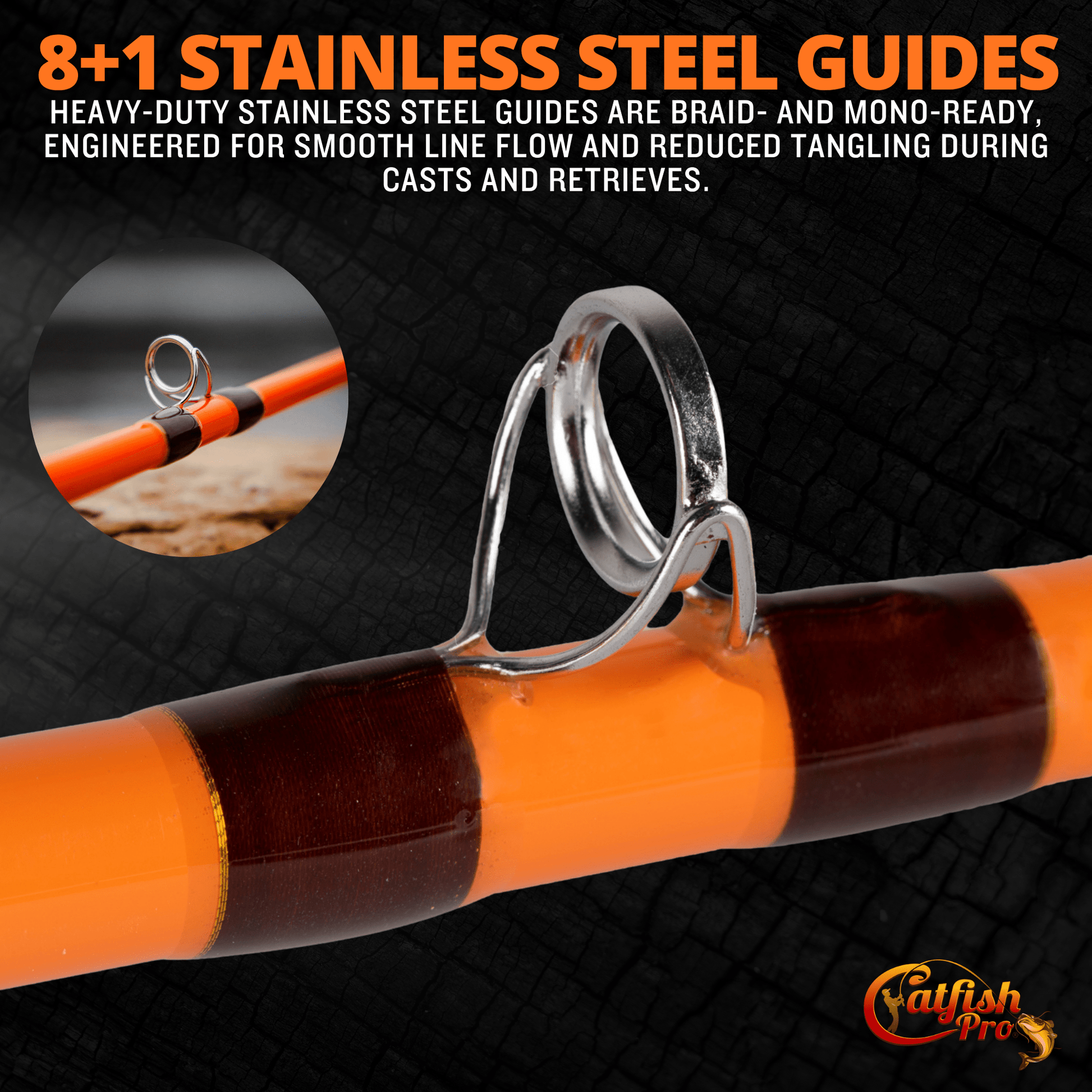 Fishing rod with stainless steel guides on a black background, featuring text about the guides' features.