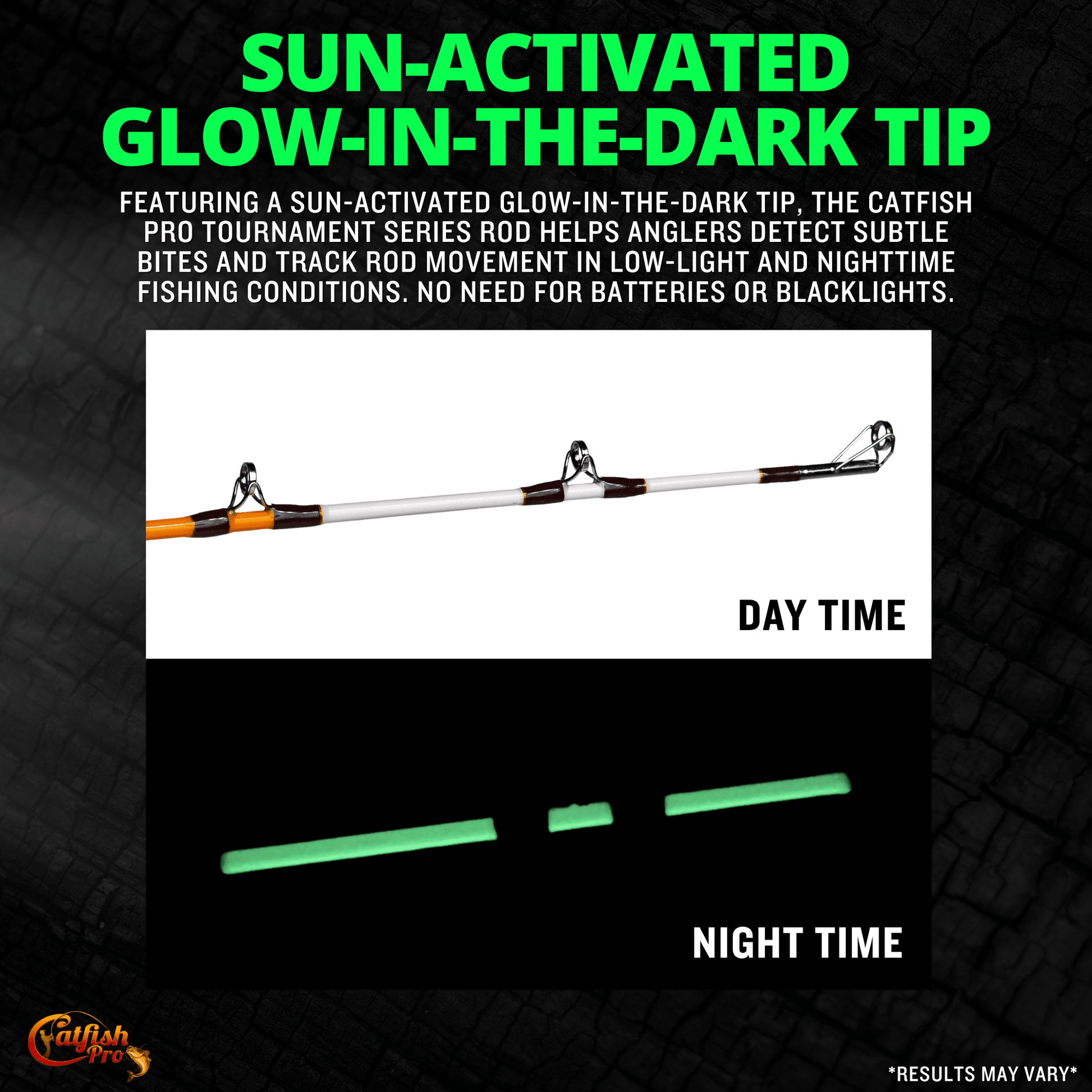 Fishing rod with sun-activated glow-in-the-dark tip on a black background
