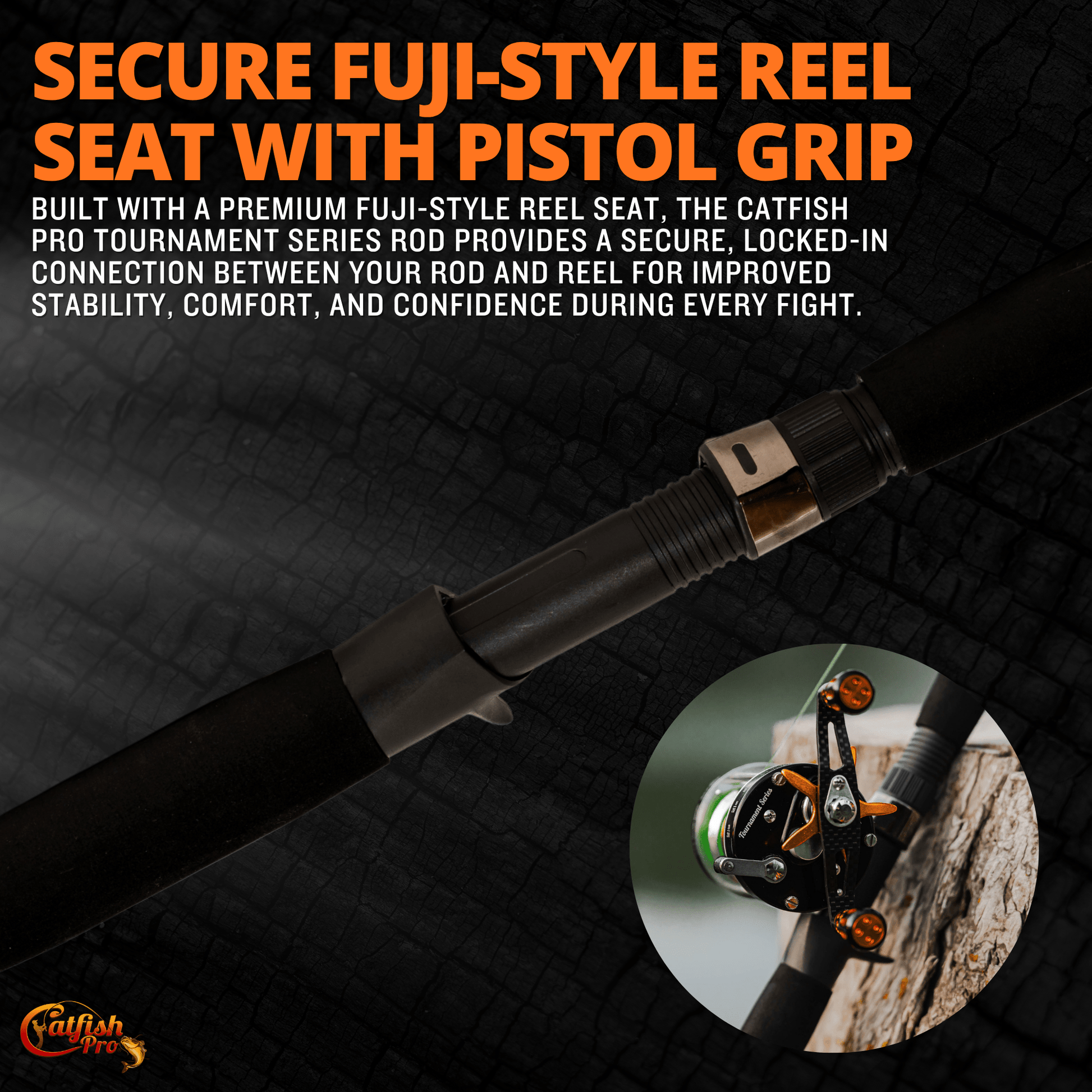 Fishing rod with pistol grip and text about secure Fuji-style reel seat on a dark background