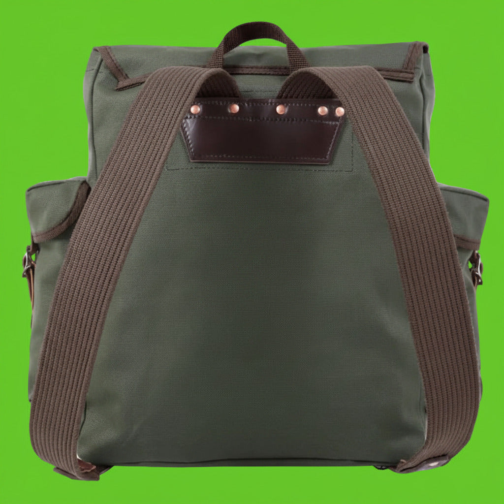 Green backpack with brown straps on a white background