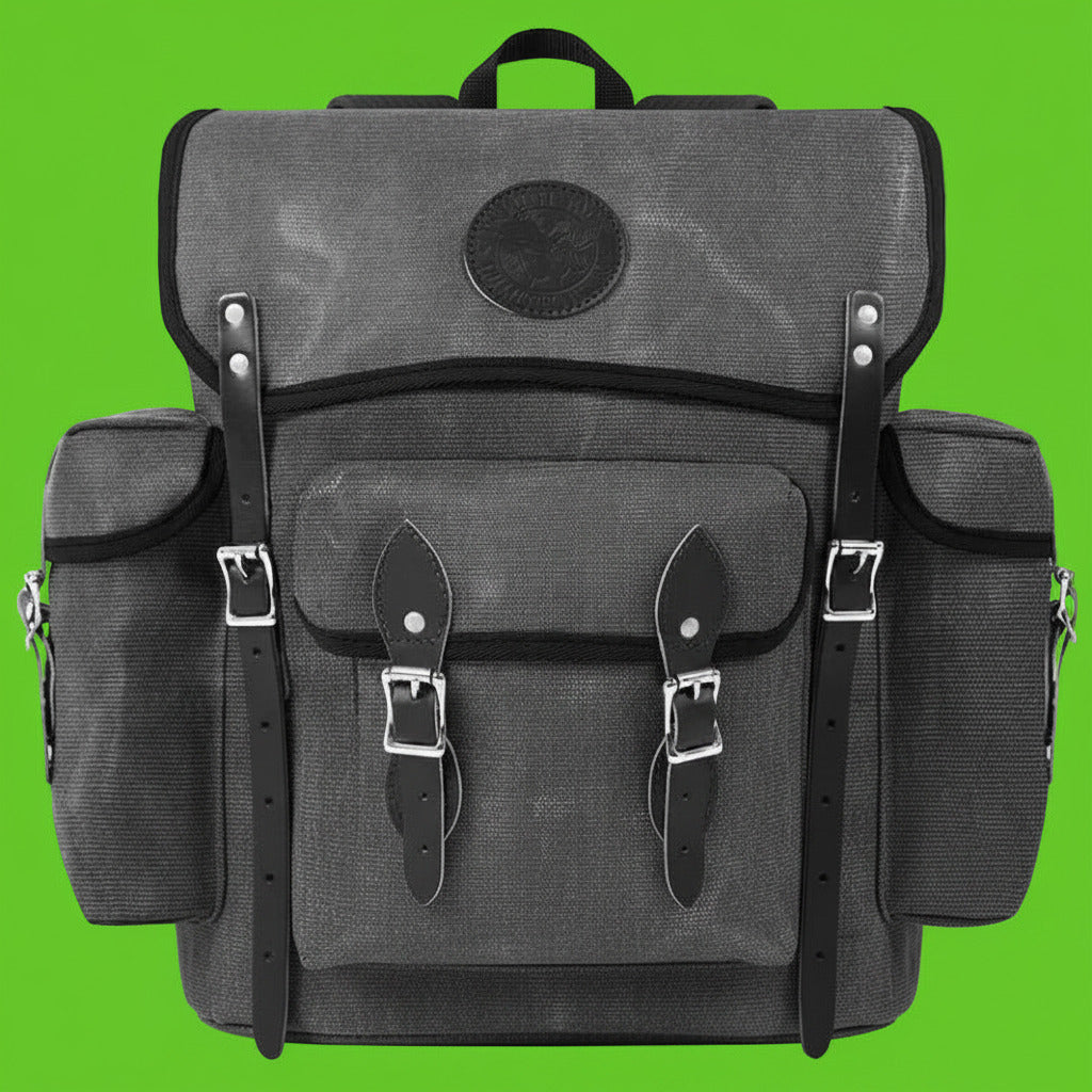 Gray backpack with black straps on a white background