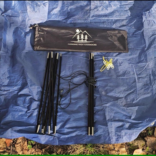 Hanging High Hammocks tent stakes and carrying bag on a blue tarp